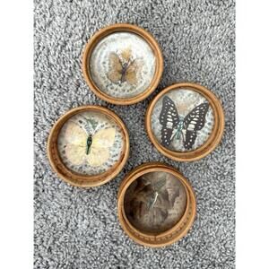 Set of (4) Vintage Dried Pressed REAL Butterfly Bamboo Wicker Coasters